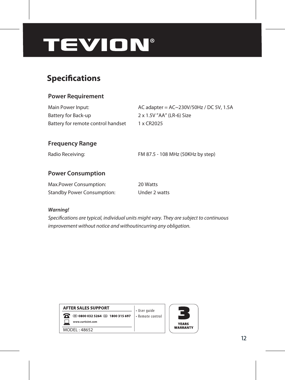 Specifications | Curtis IP320UKT User Manual | Page 14 / 16