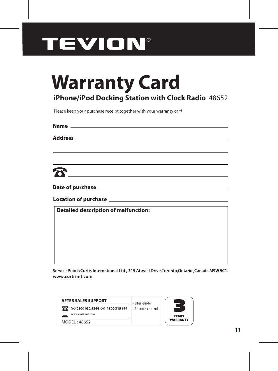 Arranty card | Curtis IP320UKT User Manual | Page 15 / 16