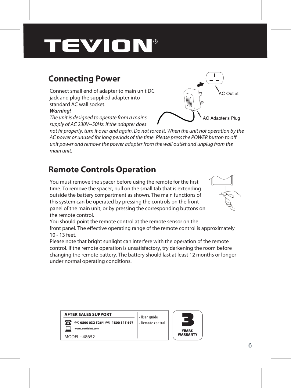 Connecting power, Remote controls operation | Curtis IP320UKT User Manual | Page 8 / 16