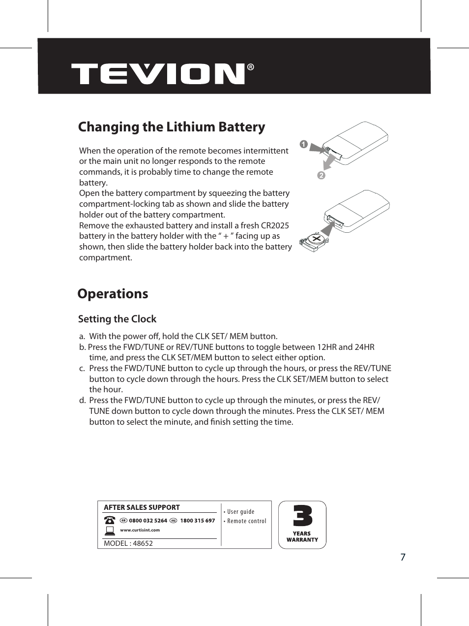 Changing the lithium battery, Operations | Curtis IP320UKT User Manual | Page 9 / 16