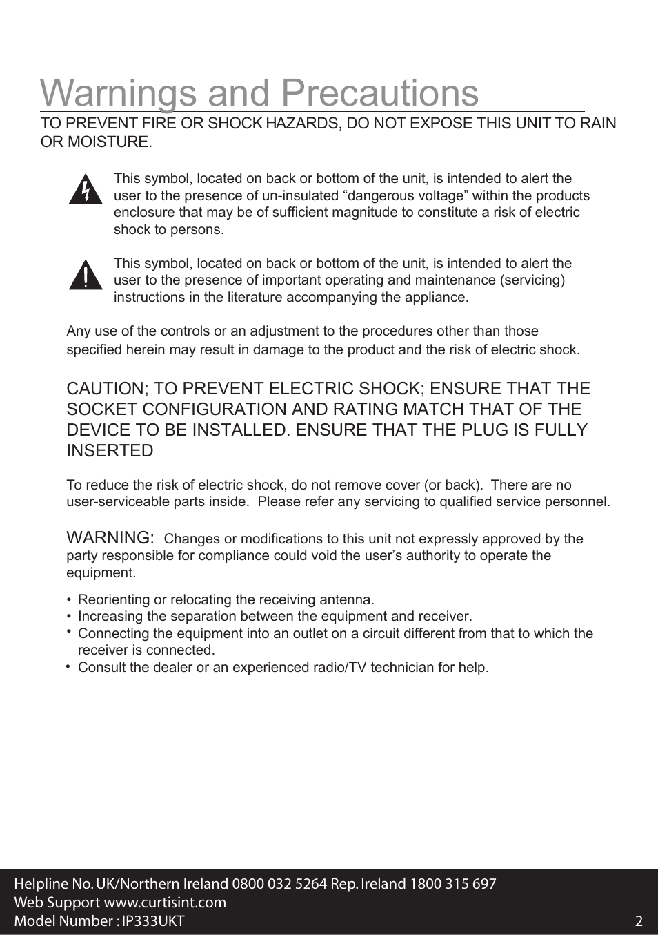 Safety eng, Warnings and precautions | Curtis IP333UKT User Manual | Page 2 / 7