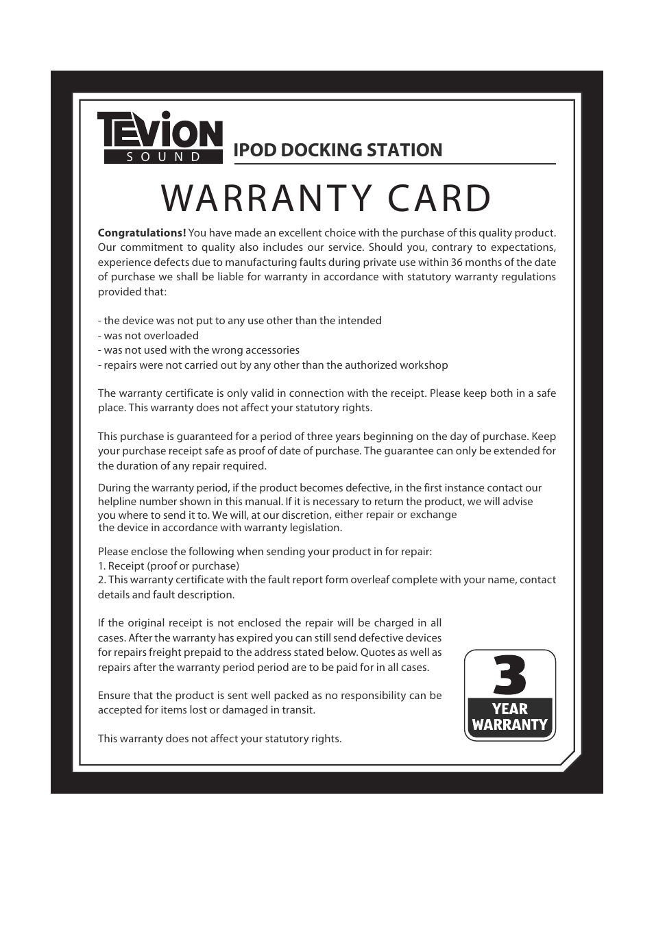 Warranty, Ipod docking station | Curtis IP333UKT User Manual | Page 6 / 7