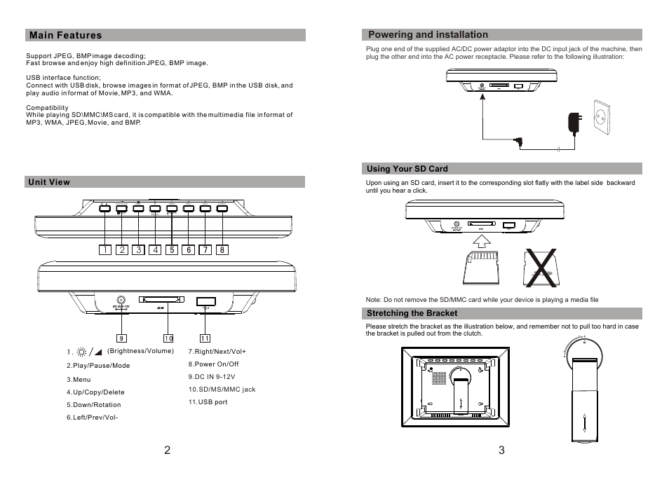 Ò³ãæ 3, Main features, Powering and installation | Unit view, Using your sd card, Stretching the bracket | Curtis DPB702A User Manual | Page 3 / 7