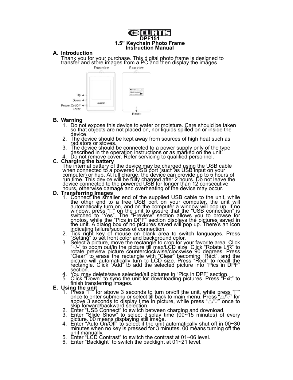 Curtis DPF151 User Manual | 2 pages