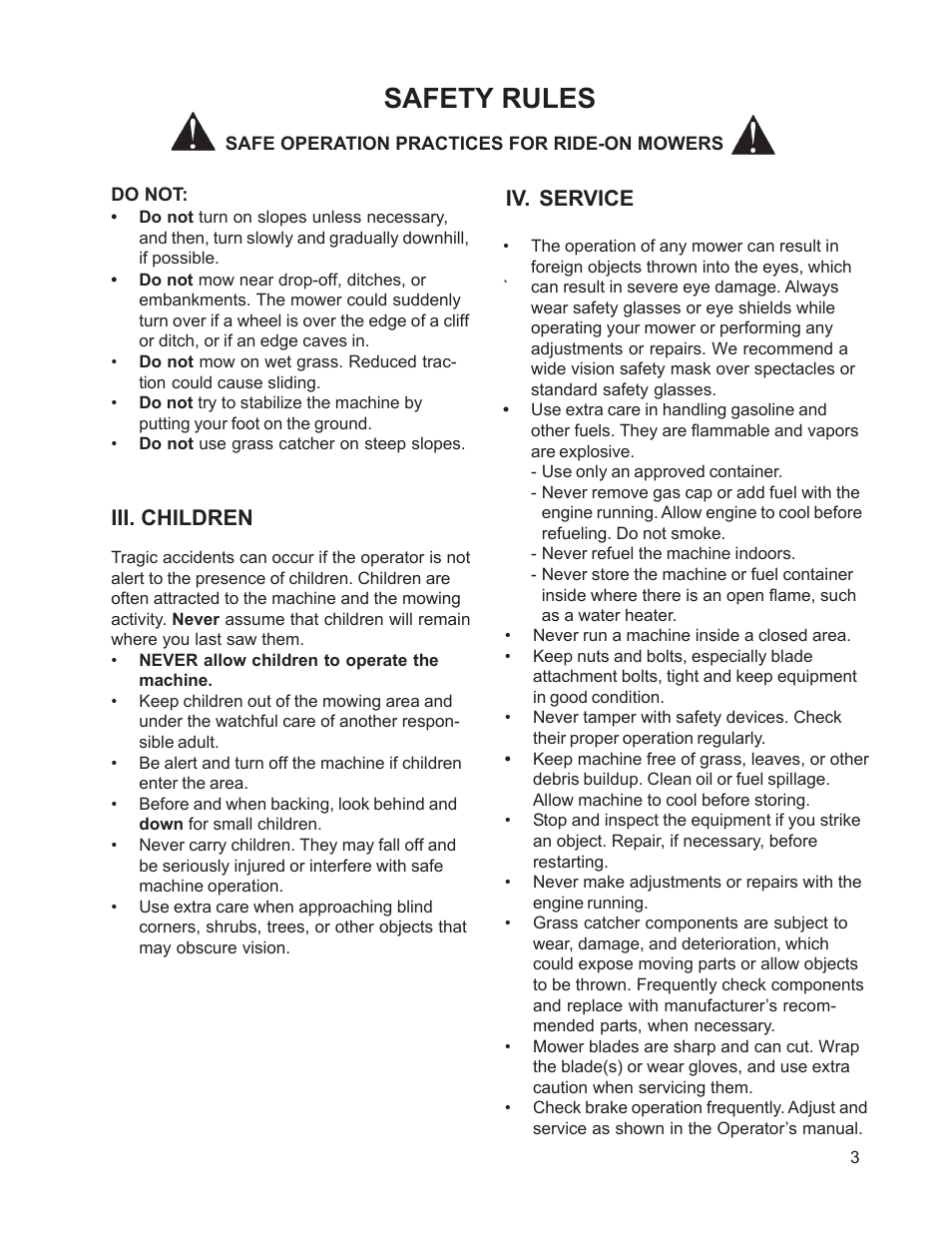 Safety rules, Iii. children, Iv. service | Dixon 114892-DCR2 User Manual | Page 3 / 24