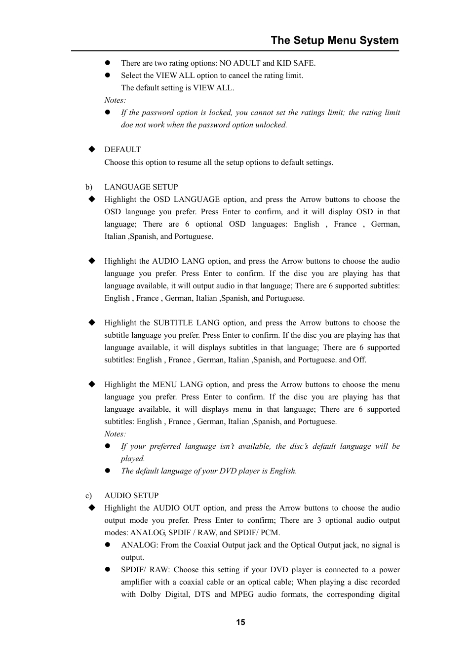 The setup menu system | Curtis DVD5028 User Manual | Page 16 / 21