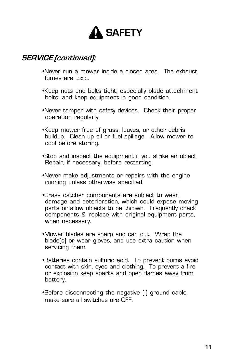 Safety, Service (continued) | Dixon 13633-0702 User Manual | Page 11 / 48