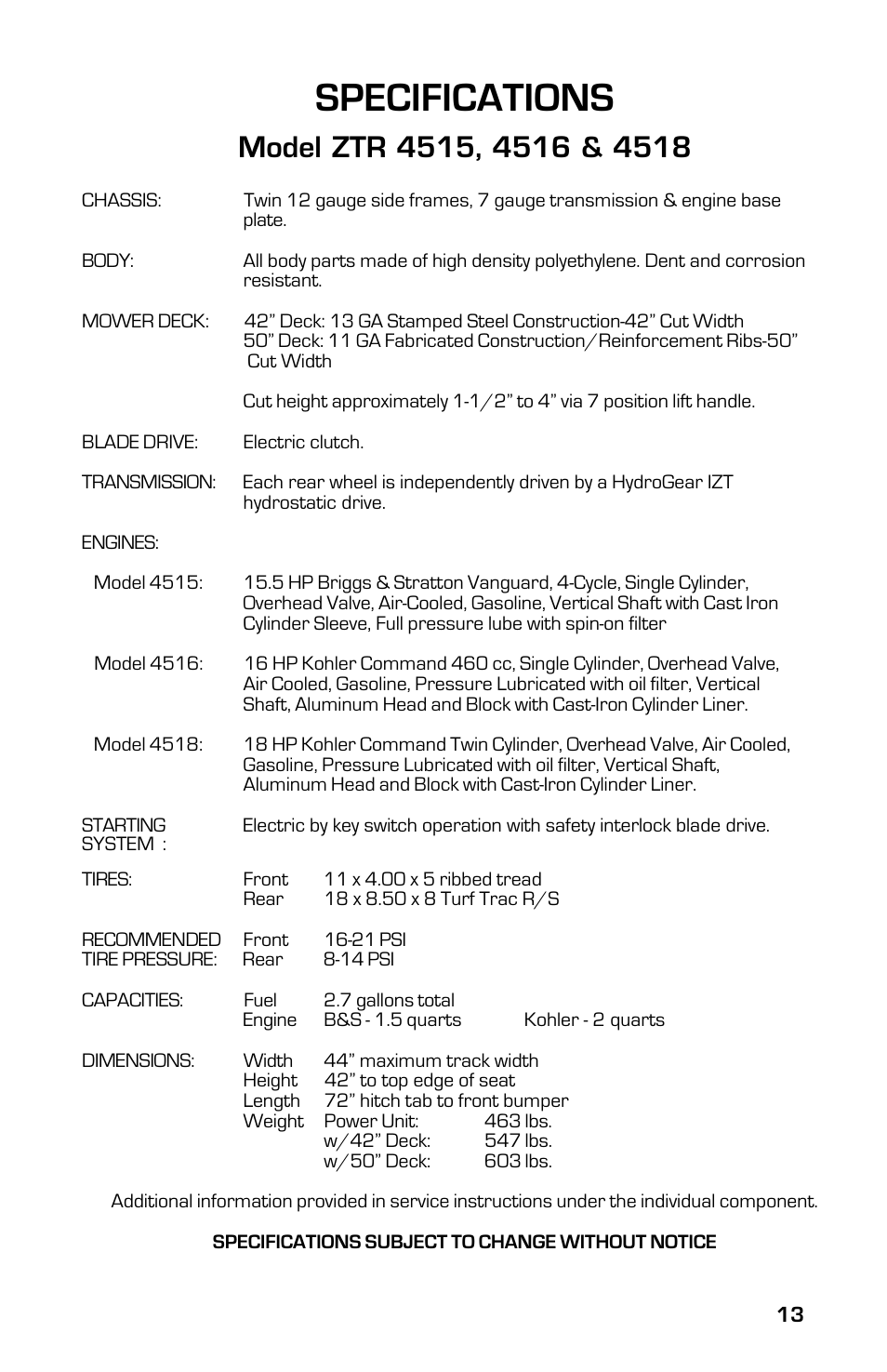 Specifications | Dixon 13633-0702 User Manual | Page 13 / 48