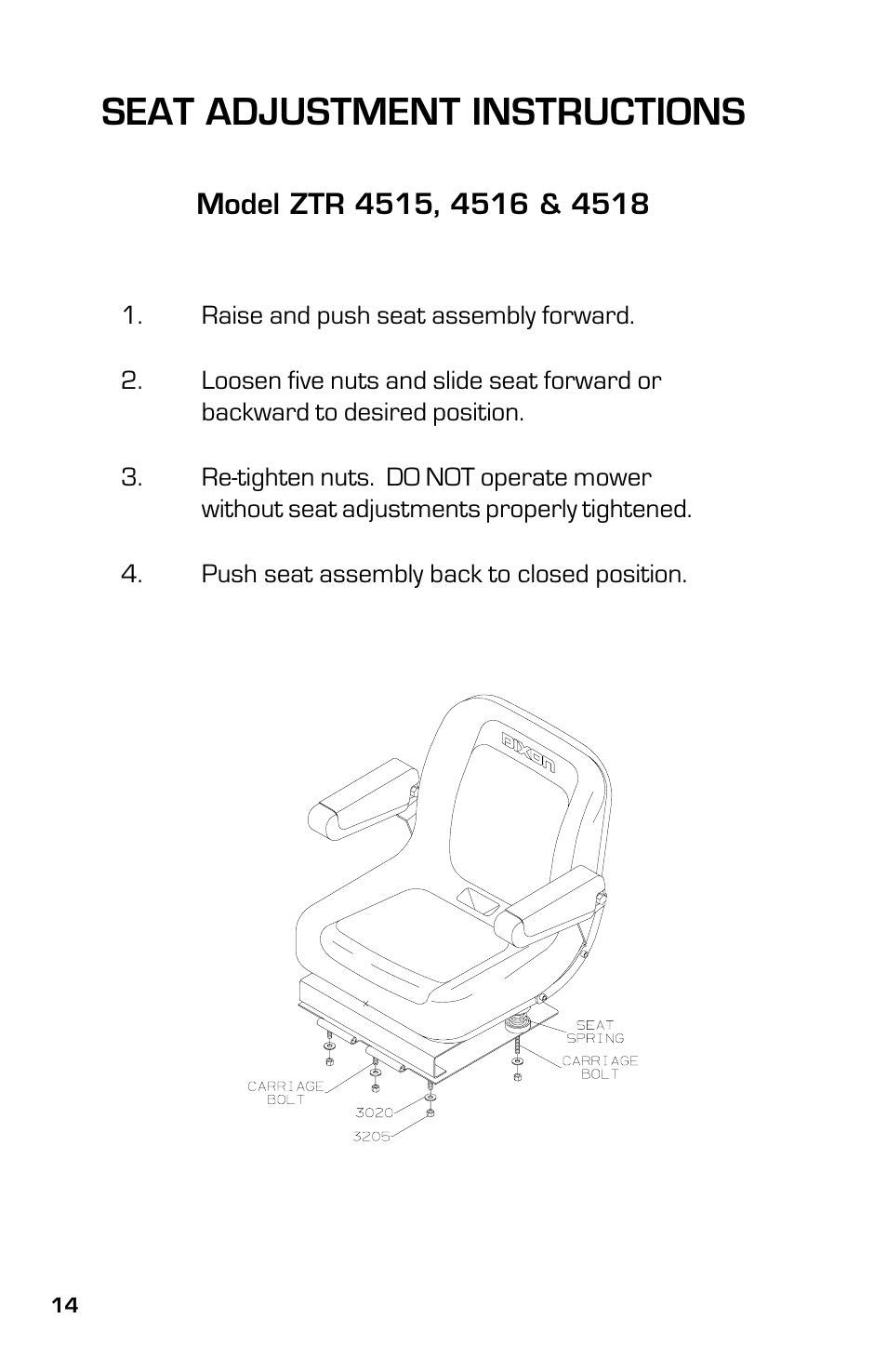 Seat adjustment instructions | Dixon 13633-0702 User Manual | Page 14 / 48