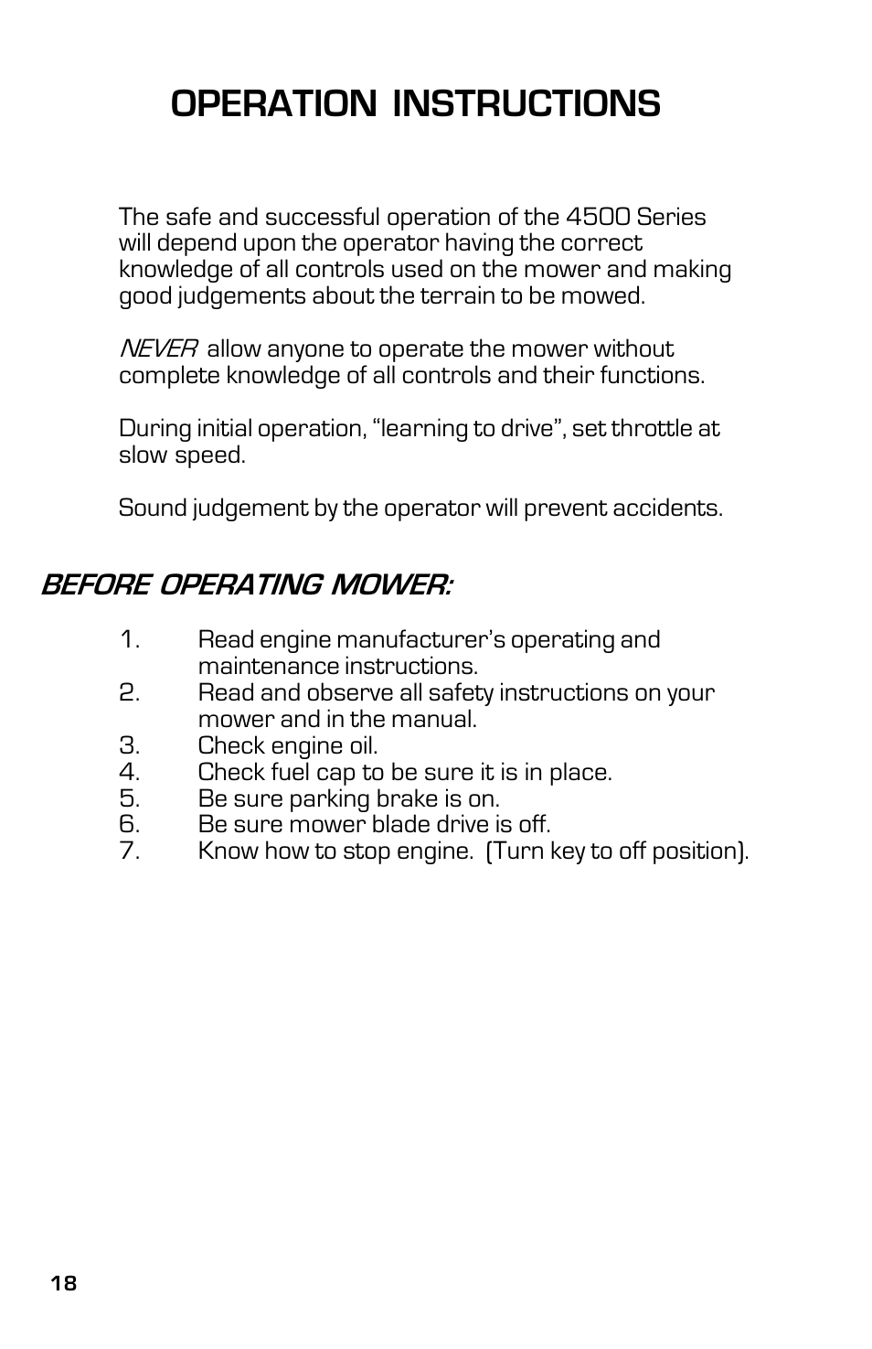 Operation instructions, Before operating mower | Dixon 13633-0702 User Manual | Page 18 / 48