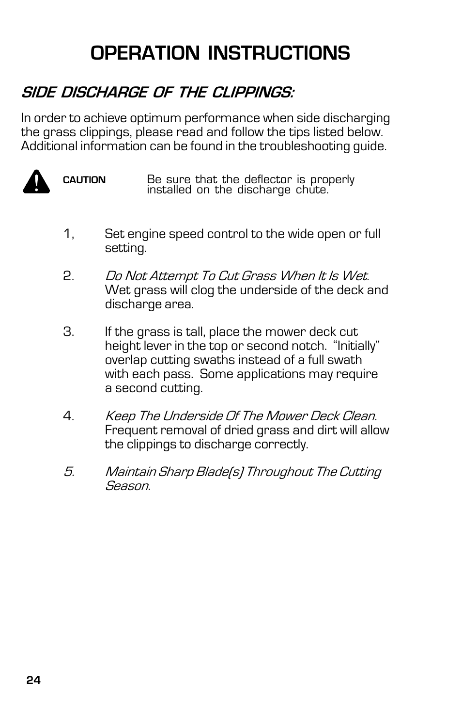 Operation instructions, Side discharge of the clippings | Dixon 13633-0702 User Manual | Page 24 / 48