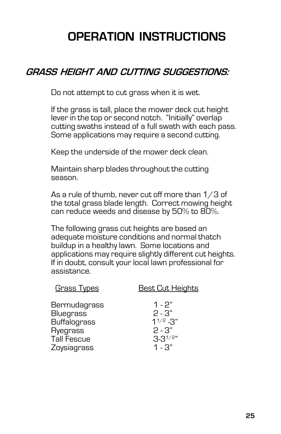 Operation instructions, Grass height and cutting suggestions | Dixon 13633-0702 User Manual | Page 25 / 48