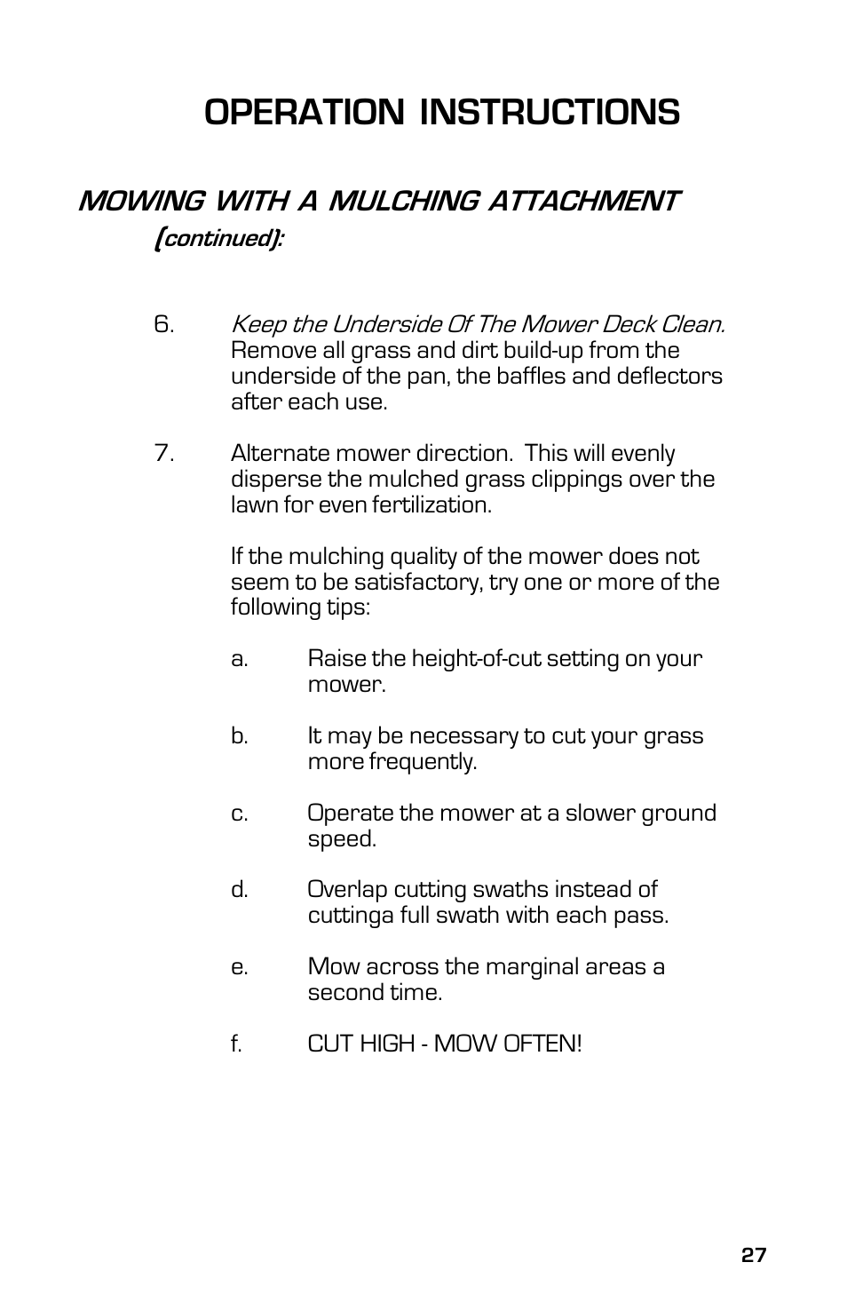 Operation instructions, Mowing with a mulching attachment | Dixon 13633-0702 User Manual | Page 27 / 48