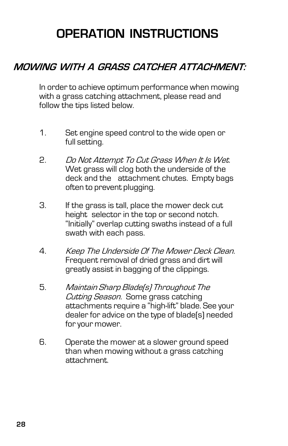 Operation instructions, Mowing with a grass catcher attachment | Dixon 13633-0702 User Manual | Page 28 / 48