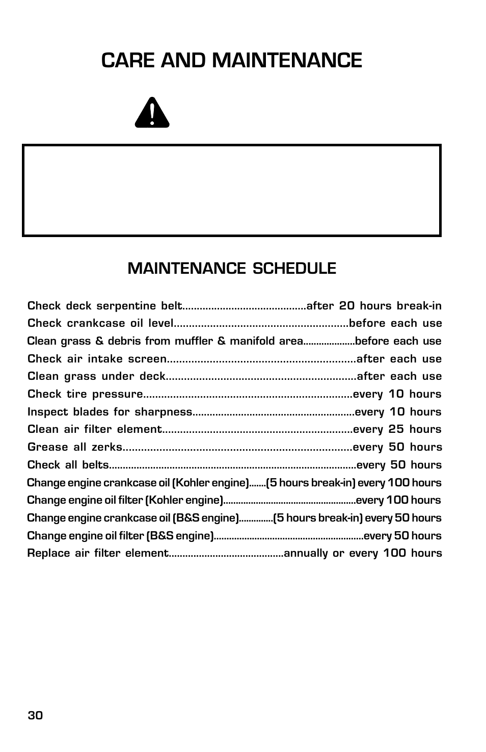 Maintenance schedule | Dixon 13633-0702 User Manual | Page 30 / 48