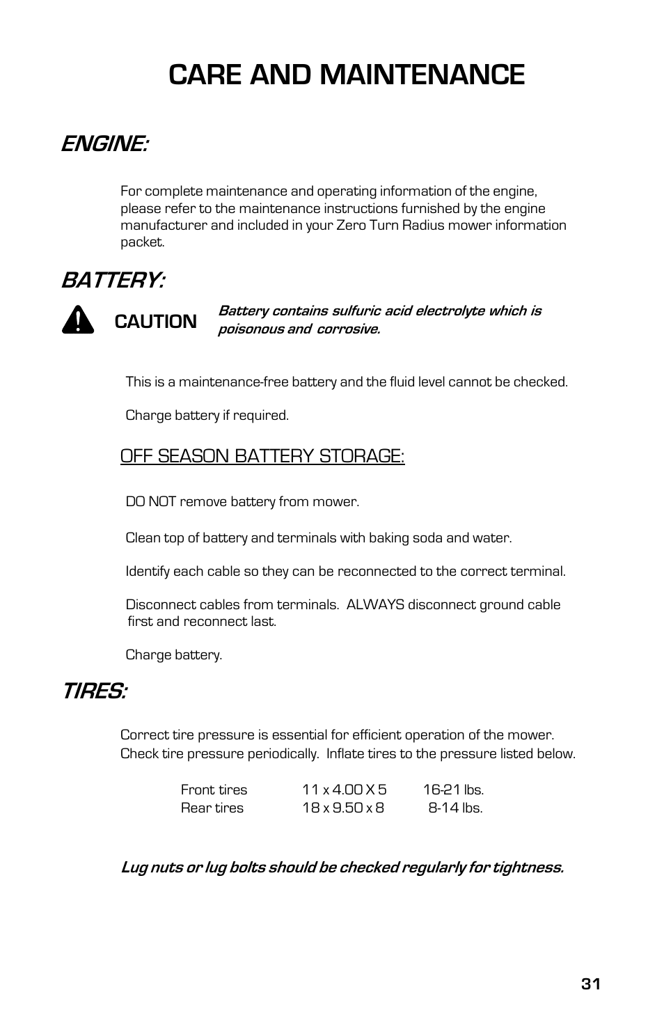 Care and maintenance, Engine, Battery | Tires, Off season battery storage, Caution | Dixon 13633-0702 User Manual | Page 31 / 48