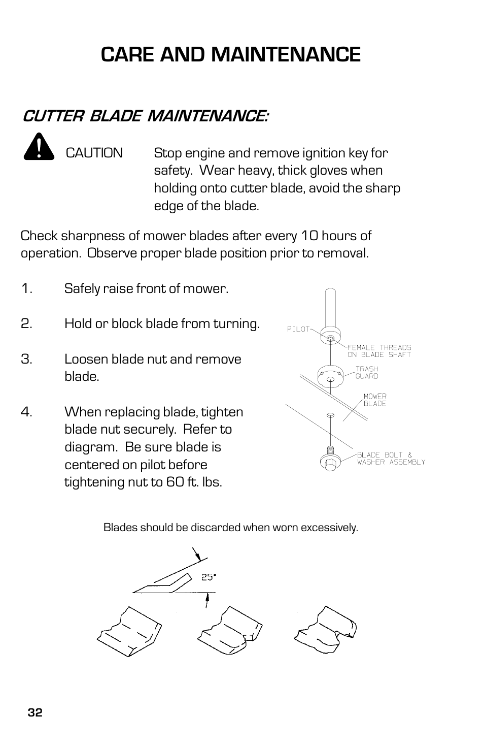 Care and maintenance, Cutter blade maintenance | Dixon 13633-0702 User Manual | Page 32 / 48