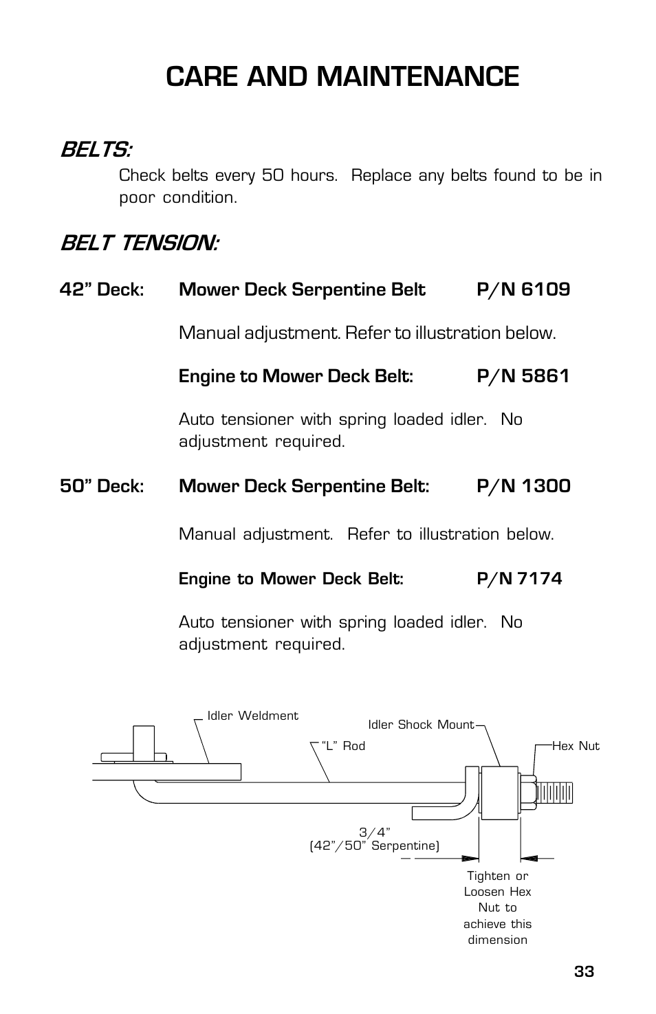 Care and maintenance, Belts, Belt tension | Dixon 13633-0702 User Manual | Page 33 / 48