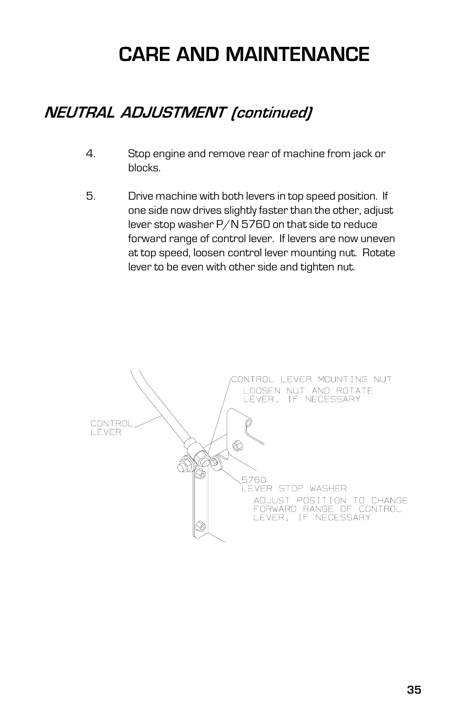Care and maintenance, Neutral adjustment (continued) | Dixon 13633-0702 User Manual | Page 35 / 48