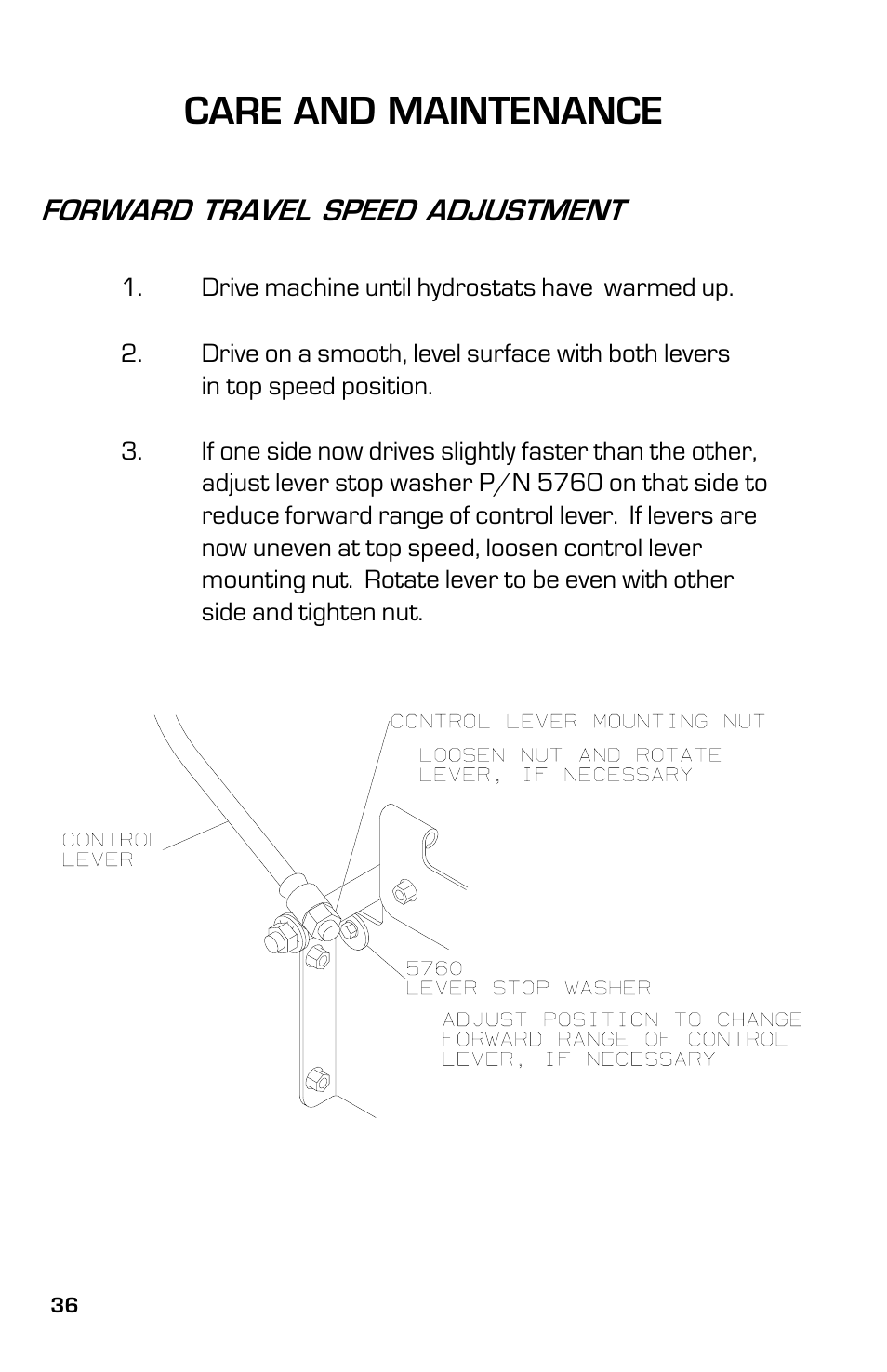 Care and maintenance, Forward travel speed adjustment | Dixon 13633-0702 User Manual | Page 36 / 48