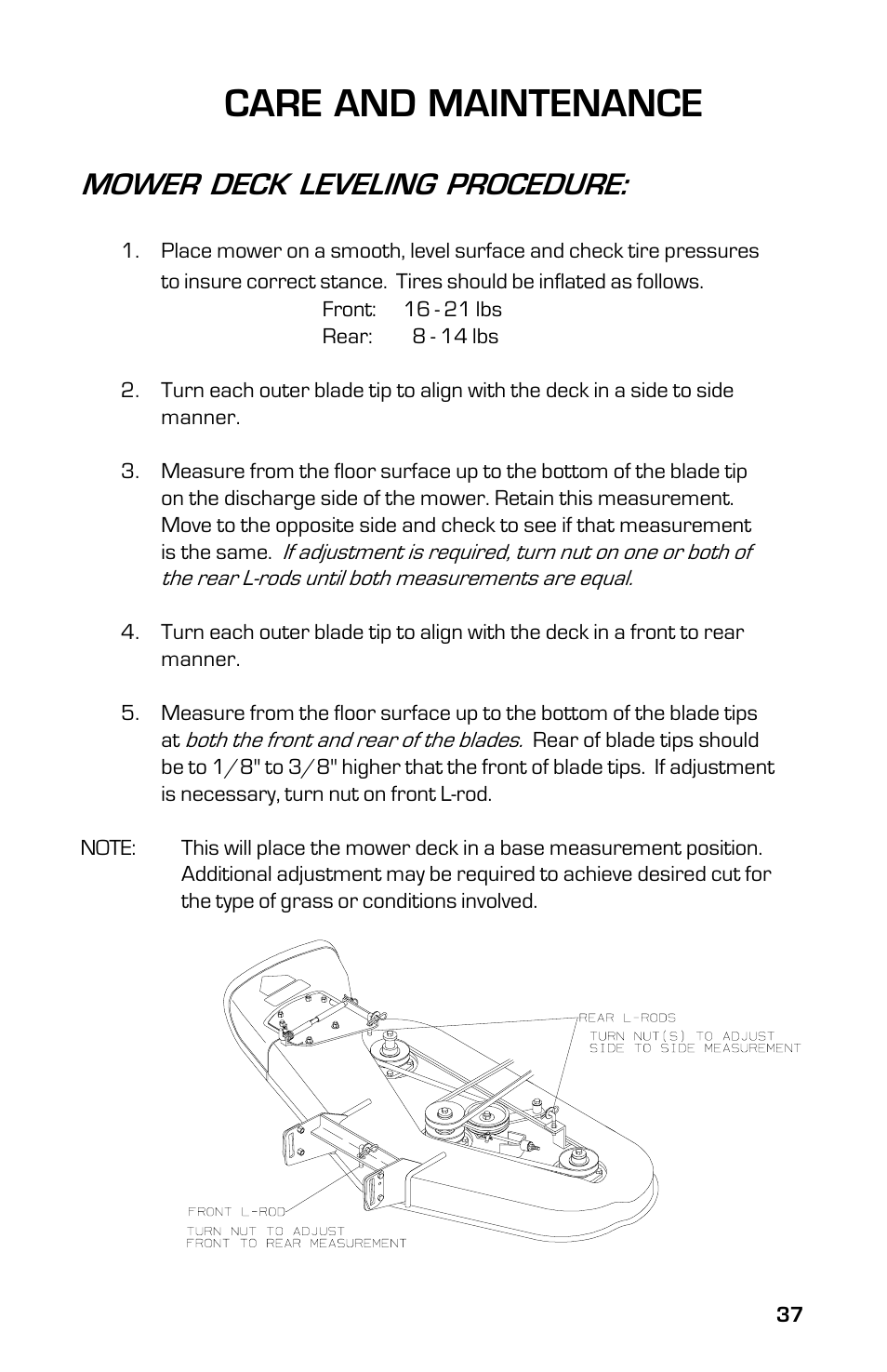 Care and maintenance, Mower deck leveling procedure | Dixon 13633-0702 User Manual | Page 37 / 48