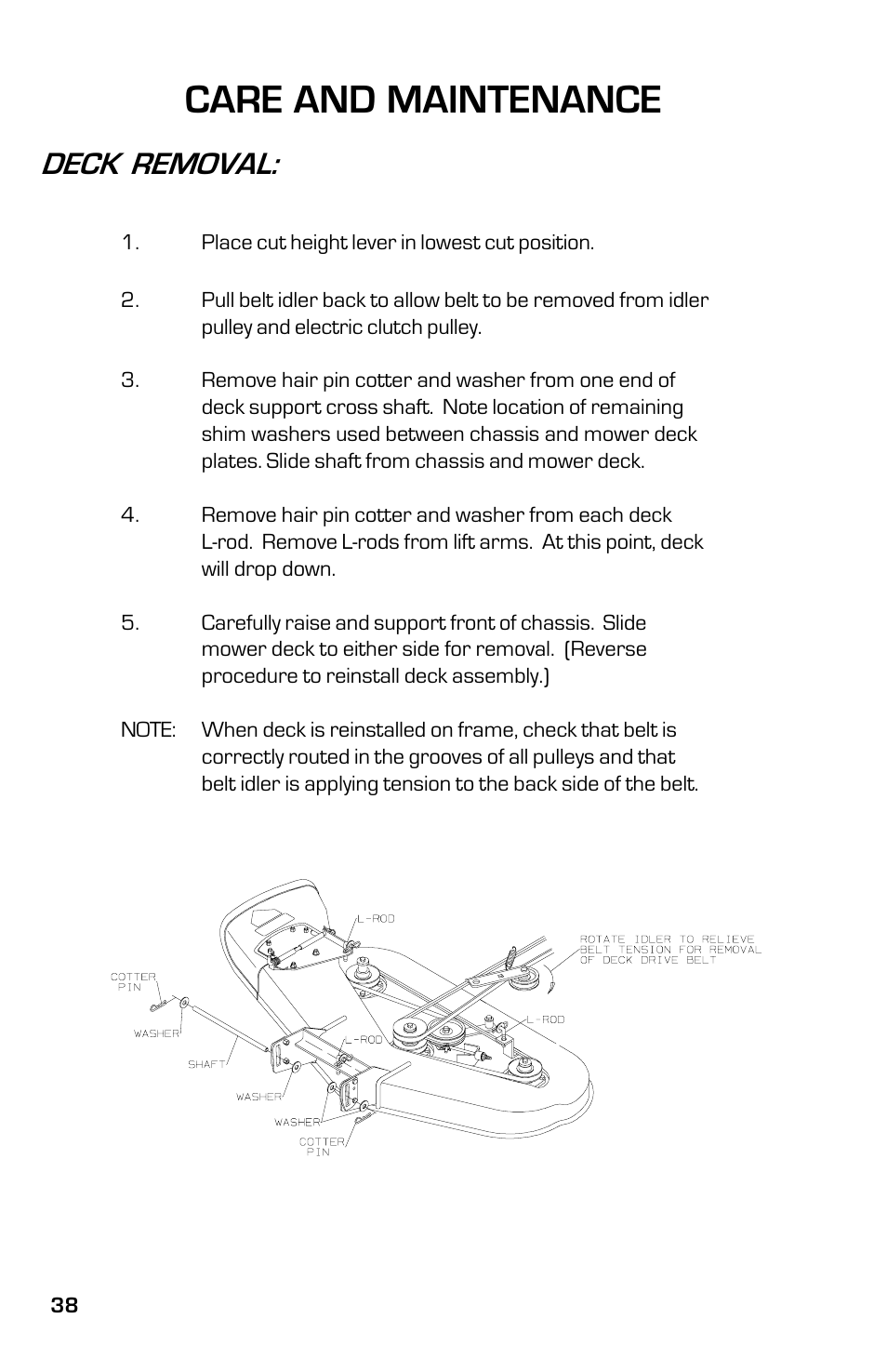 Care and maintenance, Deck removal | Dixon 13633-0702 User Manual | Page 38 / 48