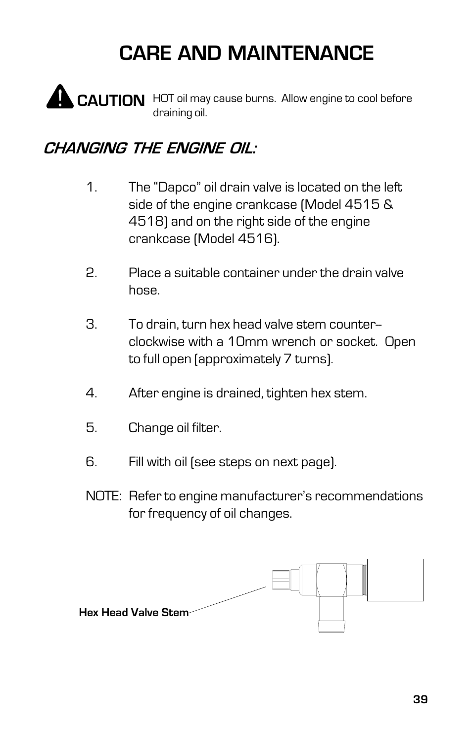 Care and maintenance, Changing the engine oil, Caution | Dixon 13633-0702 User Manual | Page 39 / 48