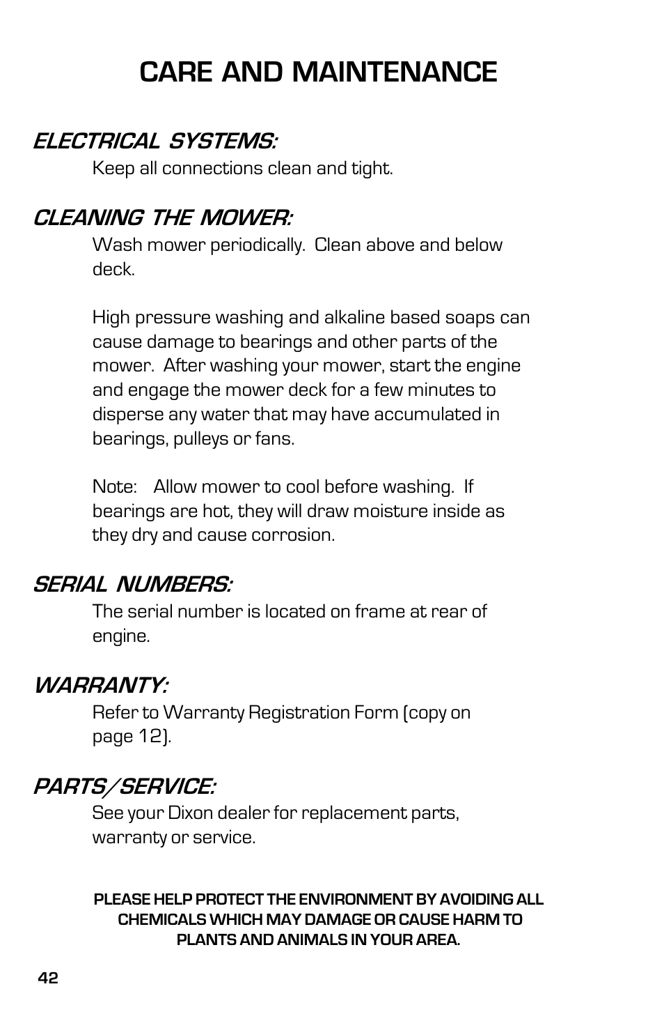 Care and maintenance, Electrical systems, Cleaning the mower | Serial numbers, Warranty, Parts/service | Dixon 13633-0702 User Manual | Page 42 / 48