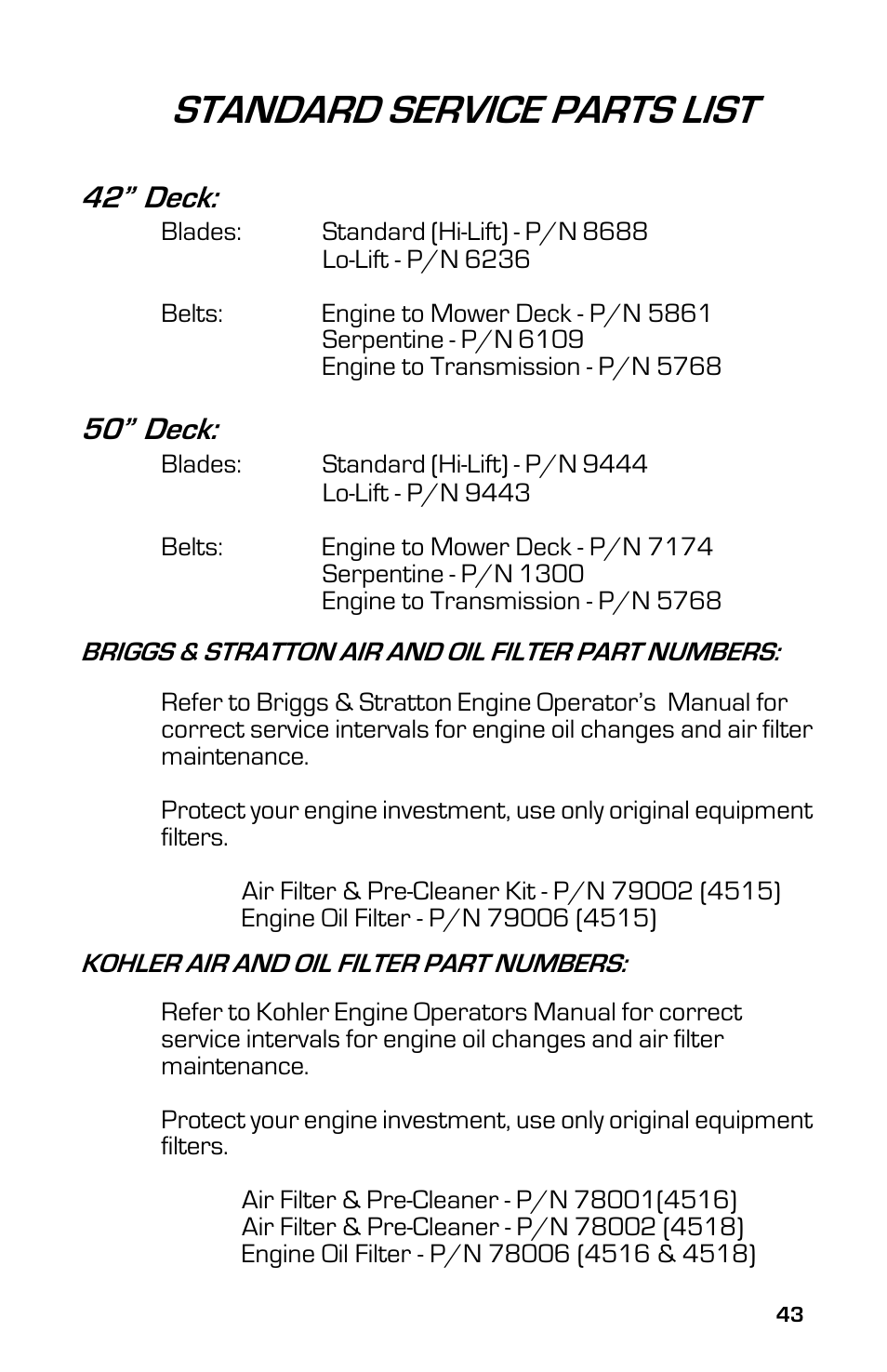 Standard service parts list, 42 deck, 50 deck | Dixon 13633-0702 User Manual | Page 43 / 48