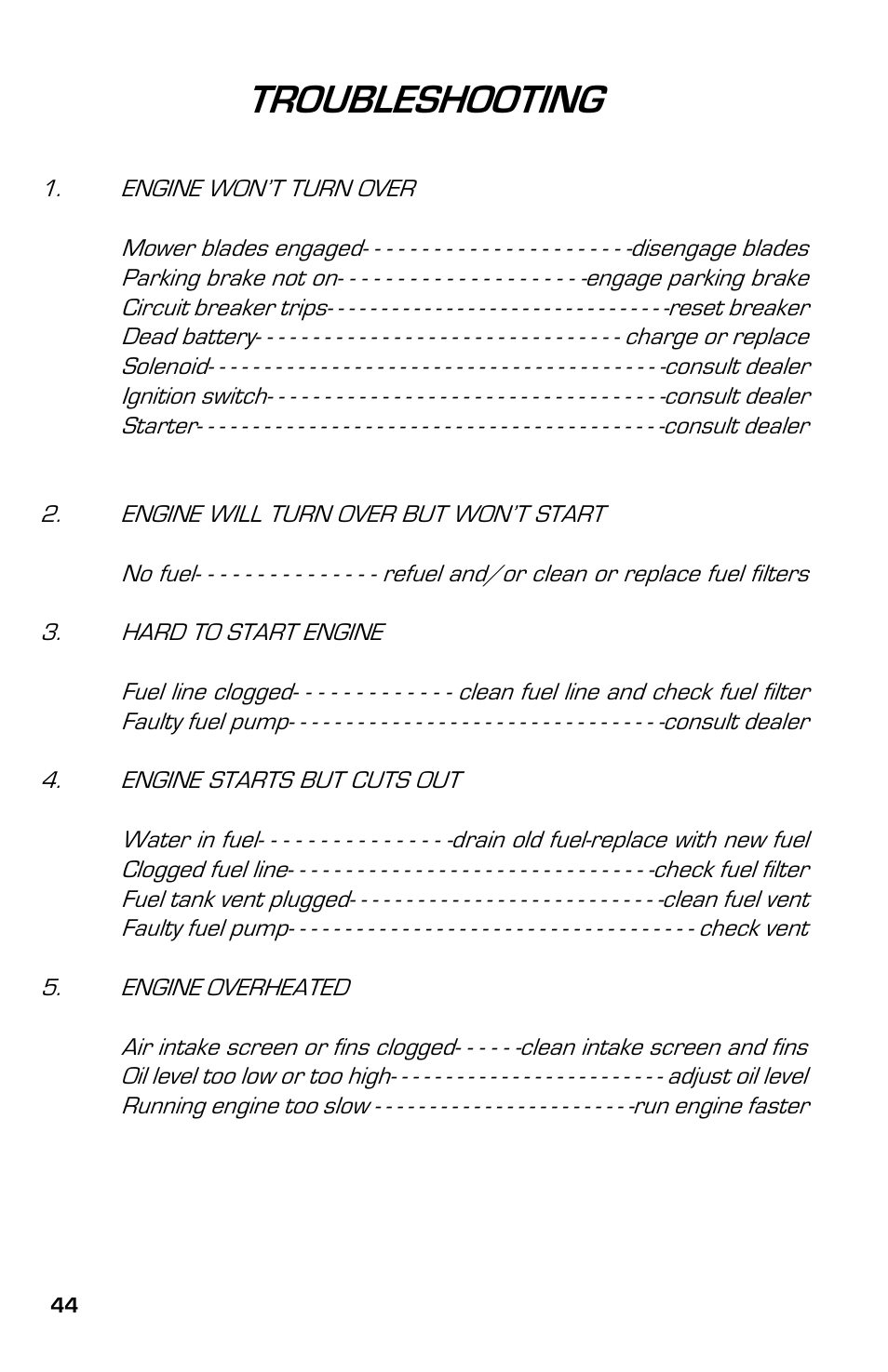 Troubleshooting | Dixon 13633-0702 User Manual | Page 44 / 48