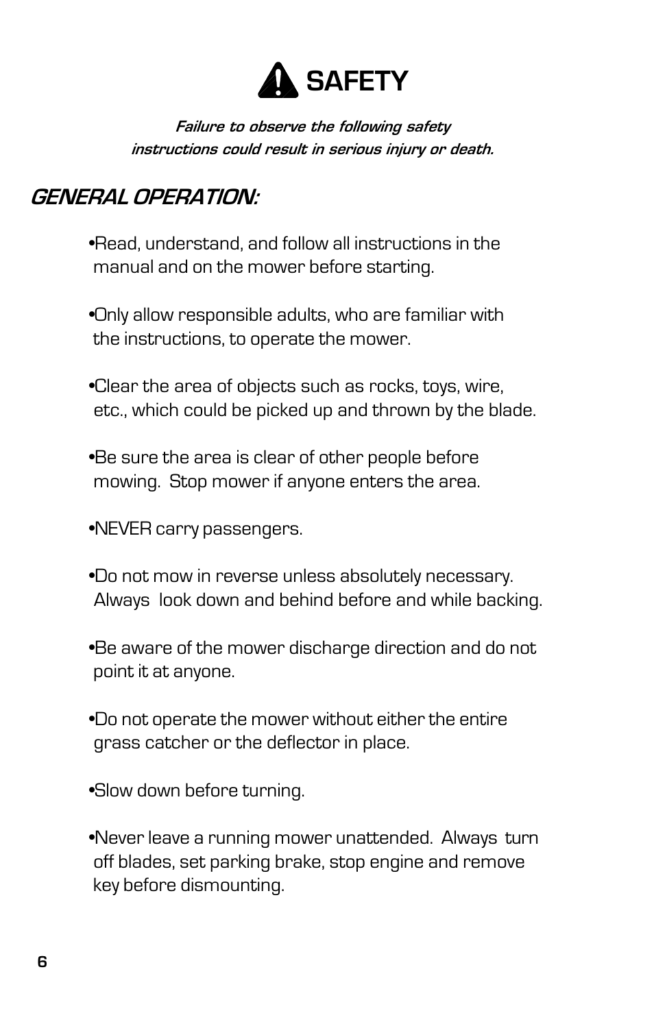 Safety, General operation | Dixon 13633-0702 User Manual | Page 6 / 48