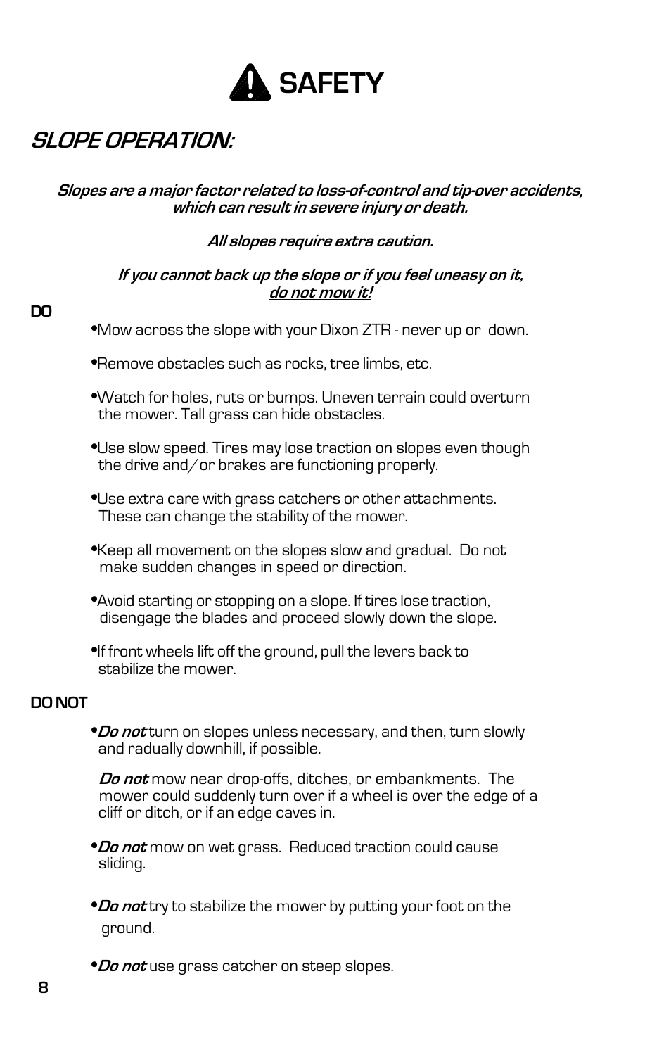 Safety, Slope operation | Dixon 13633-0702 User Manual | Page 8 / 48