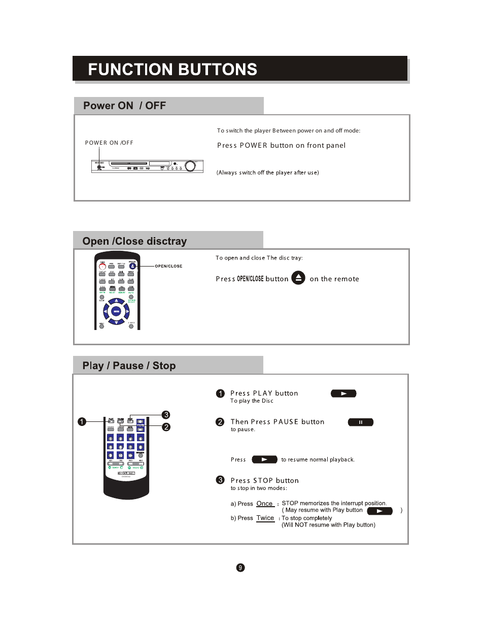 Power on / off, P res s p owe r button on front panel, P owe r on /of f | Curtis DVD6042 User Manual | Page 13 / 30
