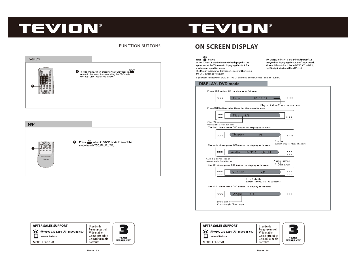 On screen display, Function buttons | Curtis DVD6083UKT User Manual | Page 13 / 17