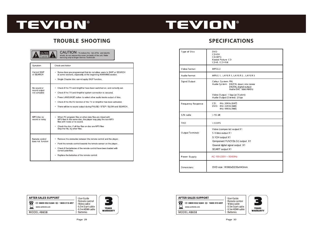 Trouble, Shooting specifications | Curtis DVD6083UKT User Manual | Page 16 / 17