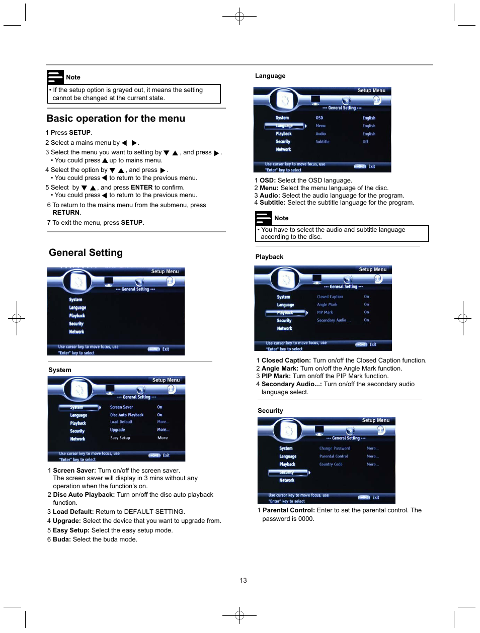 Settings, General setting basic operation for the menu | Curtis DVD8532 User Manual | Page 15 / 21