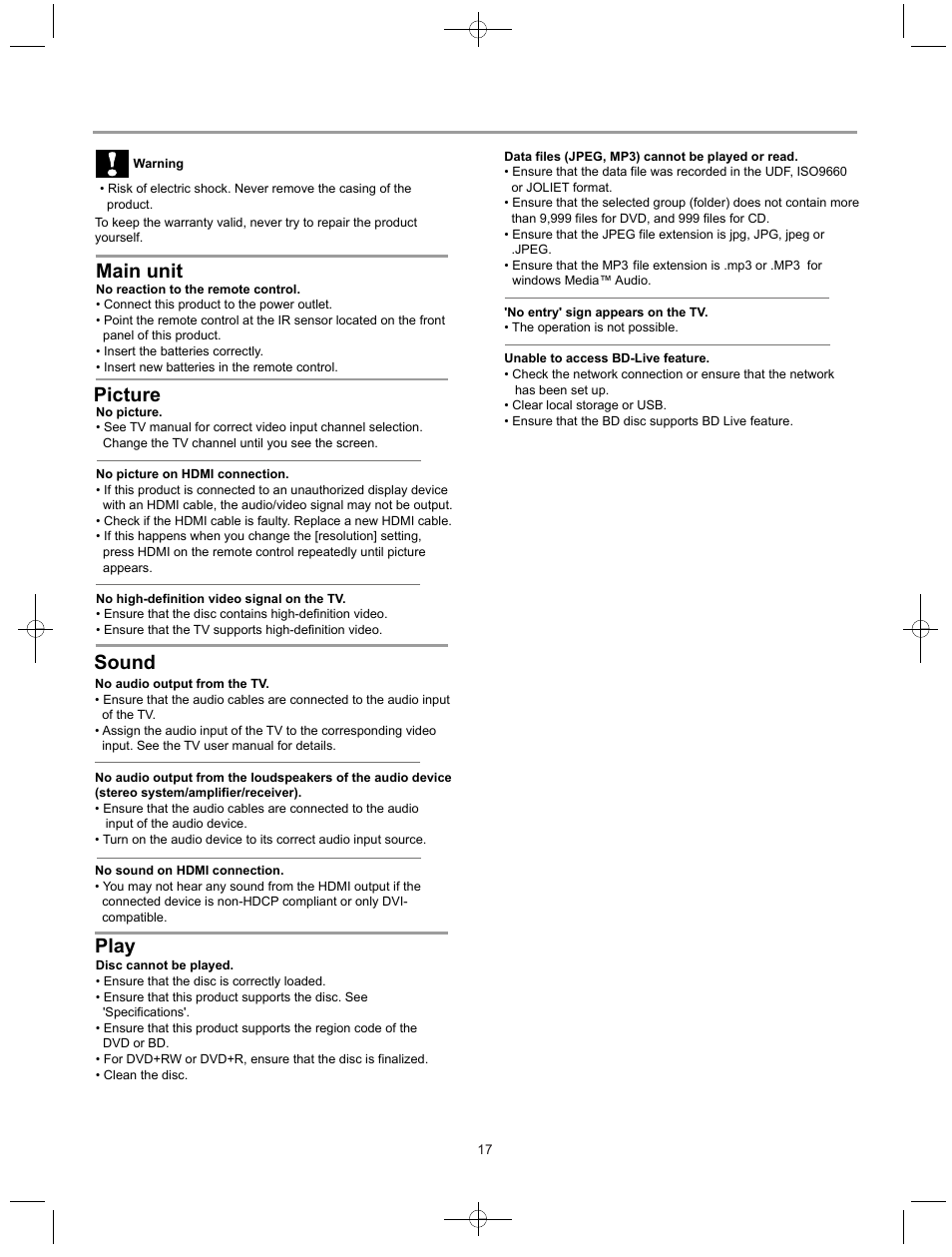 Troubleshooting, Main unit, Picture sound | Play | Curtis DVD8532 User Manual | Page 19 / 21