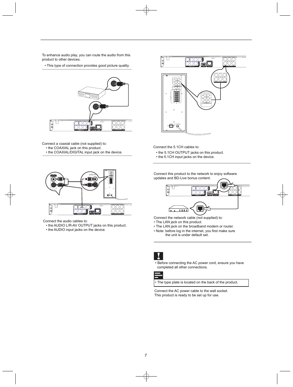 Connection, Route audio to other devices, Connect network | Connect power, Ls r s cen fl fr | Curtis DVD8532 User Manual | Page 9 / 21