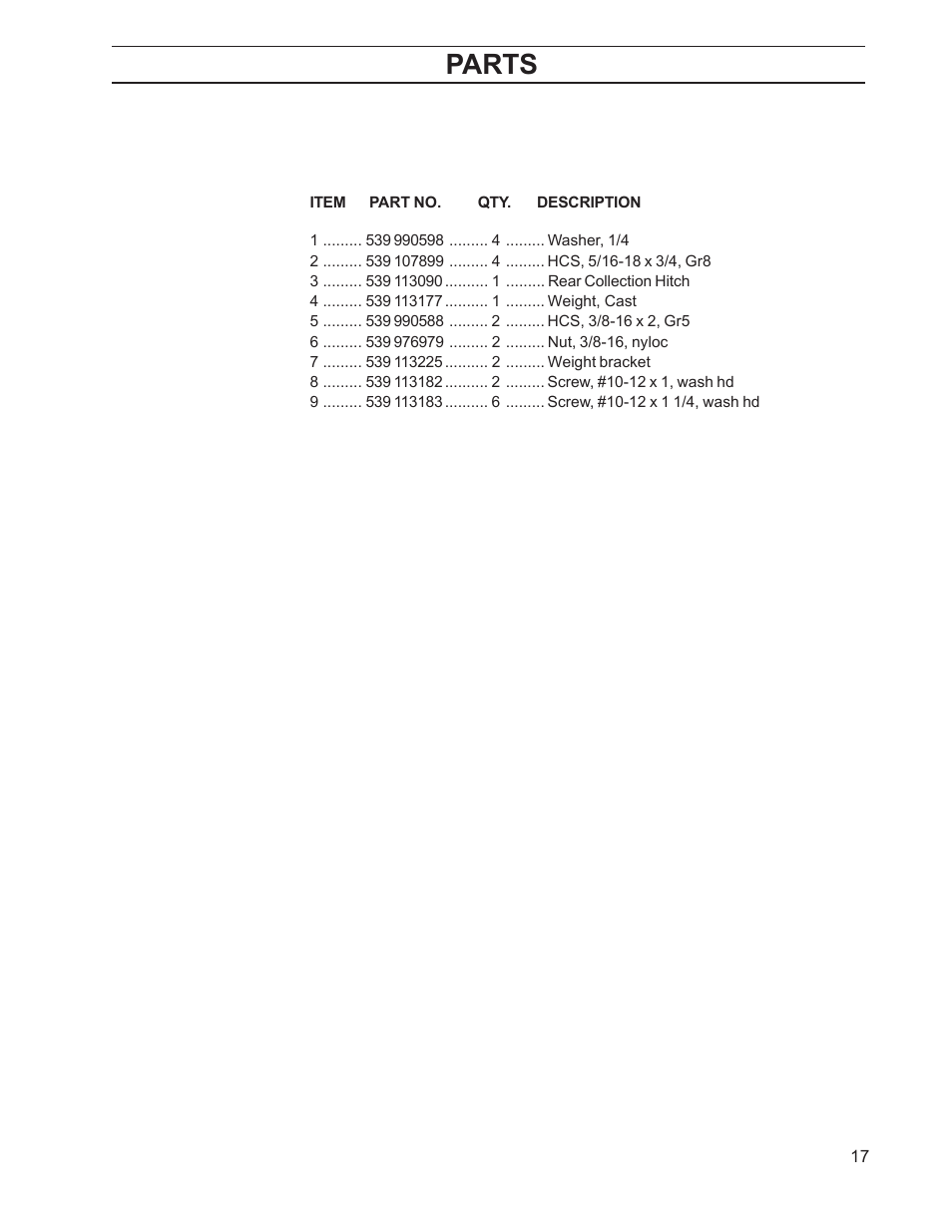 Parts | Dixon 968999515 User Manual | Page 17 / 20