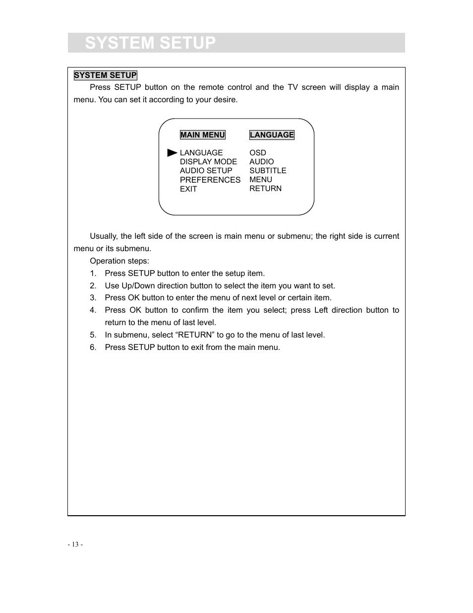 System setup | Curtis DVD1040 User Manual | Page 13 / 16