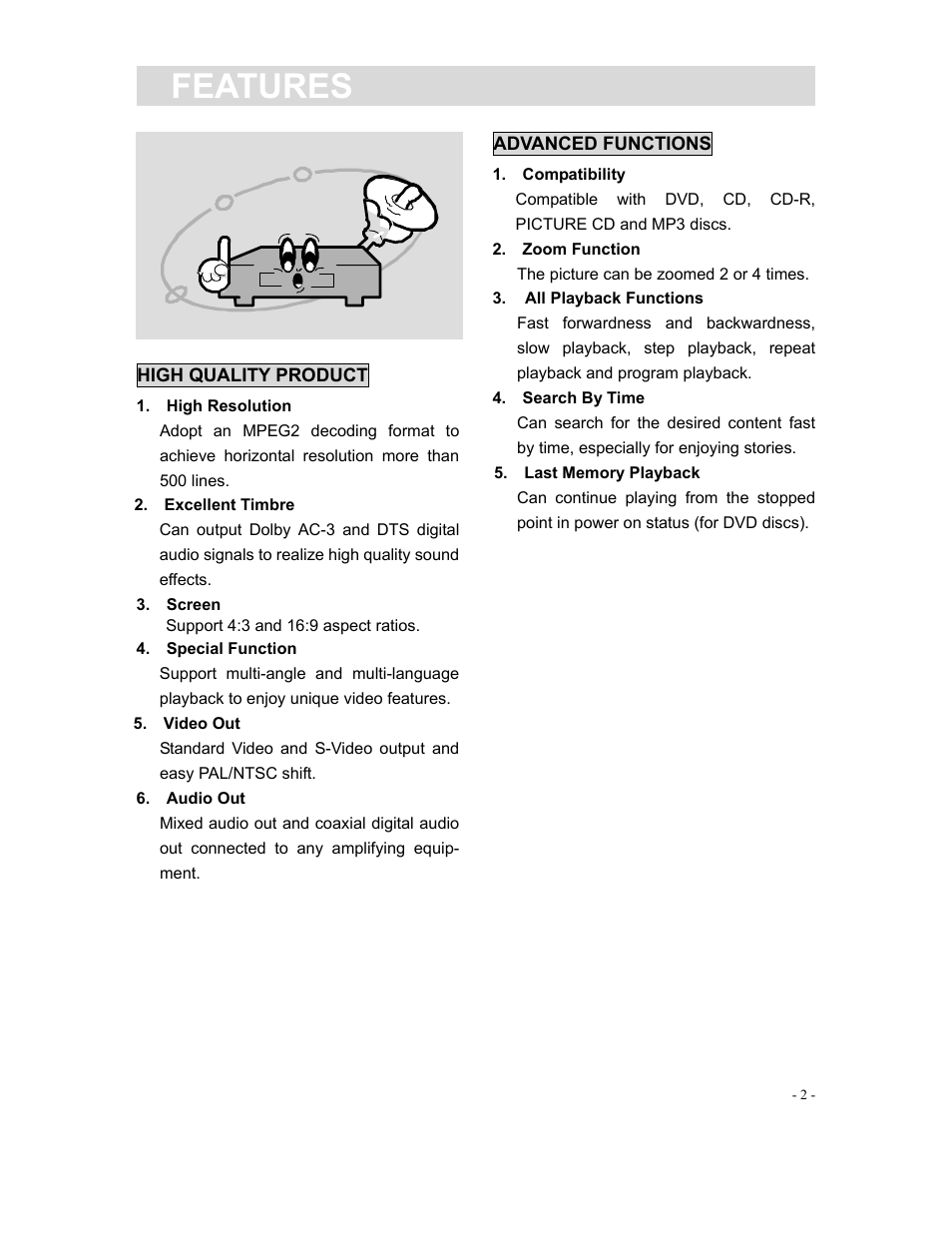 Features | Curtis DVD1040 User Manual | Page 2 / 16