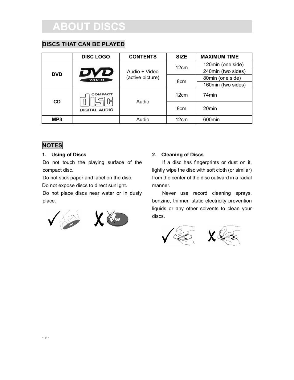 About discs | Curtis DVD1040 User Manual | Page 3 / 16