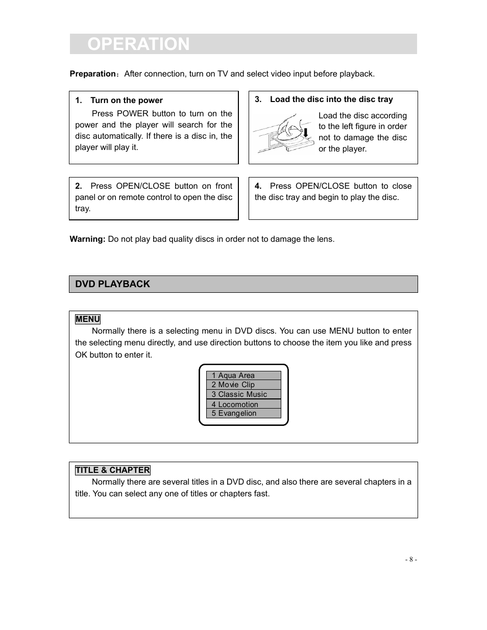 Operation | Curtis DVD1040 User Manual | Page 8 / 16