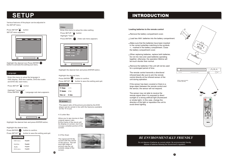 Ò³ãæ 6, Setup, Introduction | Video, Dvd 1045e, Power, Be environmentally friendly, The remote control | Curtis DVD1045 User Manual | Page 6 / 15