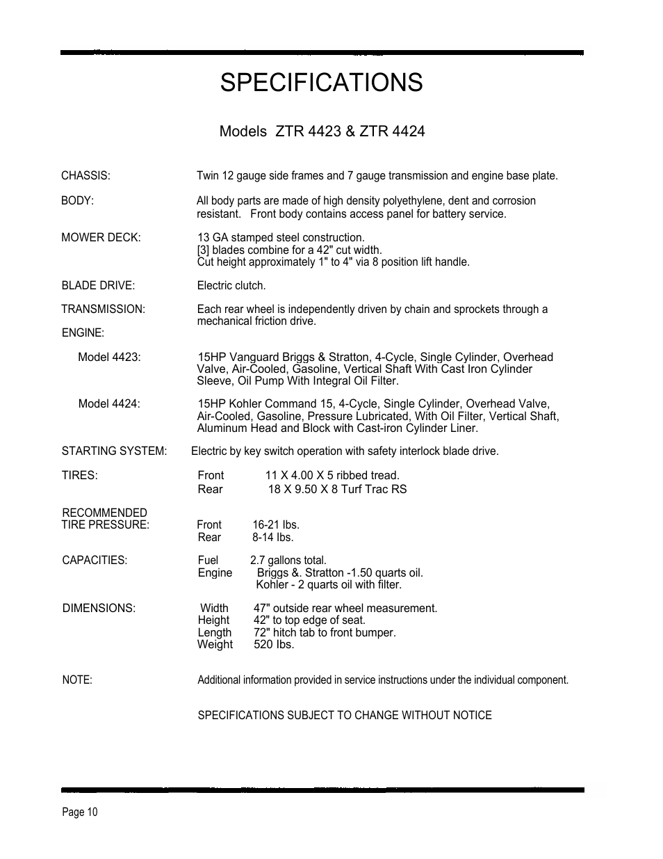 Specifications | Dixon 4000 Series User Manual | Page 11 / 38