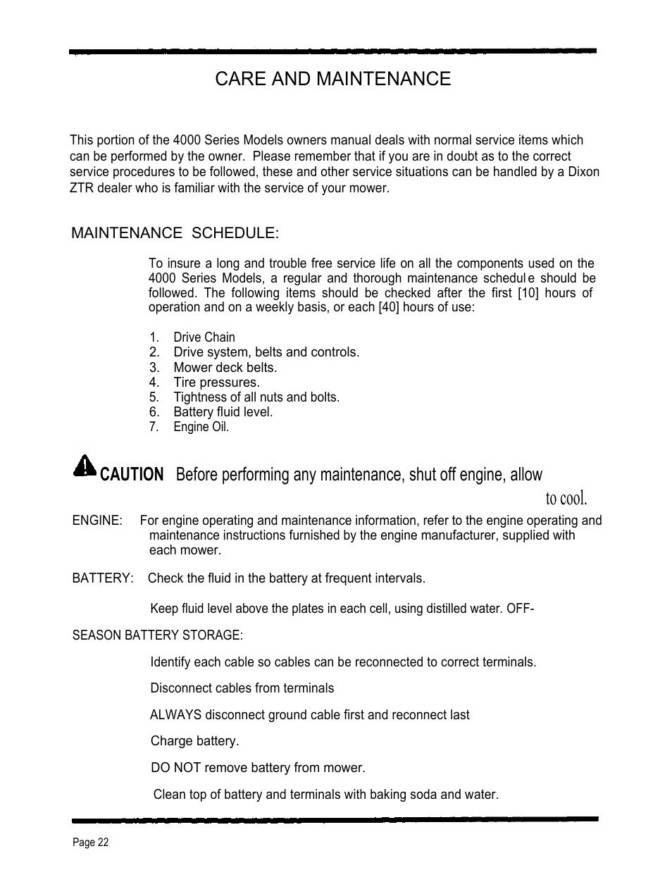 Care and maintenance | Dixon 4000 Series User Manual | Page 23 / 38