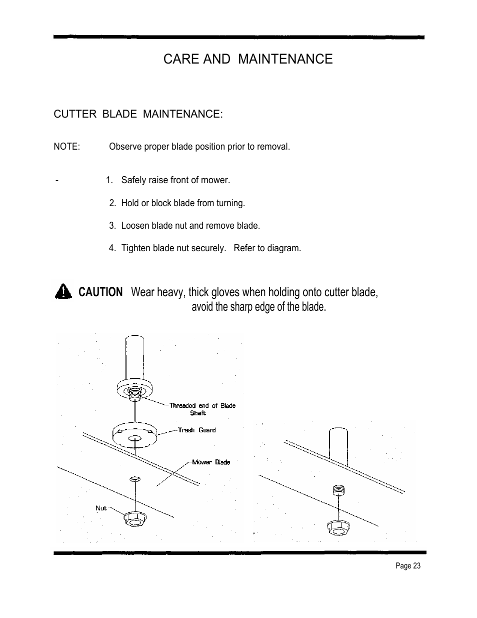 Care and maintenance, Avoid the sharp edge of the blade, Cutter blade maintenance | Dixon 4000 Series User Manual | Page 24 / 38