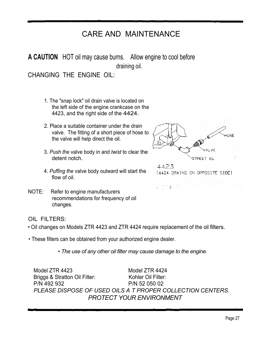 Care and maintenance, Draining oil. changing the engine oil | Dixon 4000 Series User Manual | Page 28 / 38