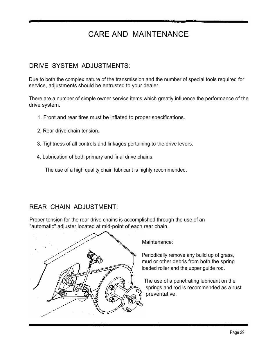 Care and maintenance, Drive system adjustments, Rear chain adjustment | Dixon 4000 Series User Manual | Page 30 / 38