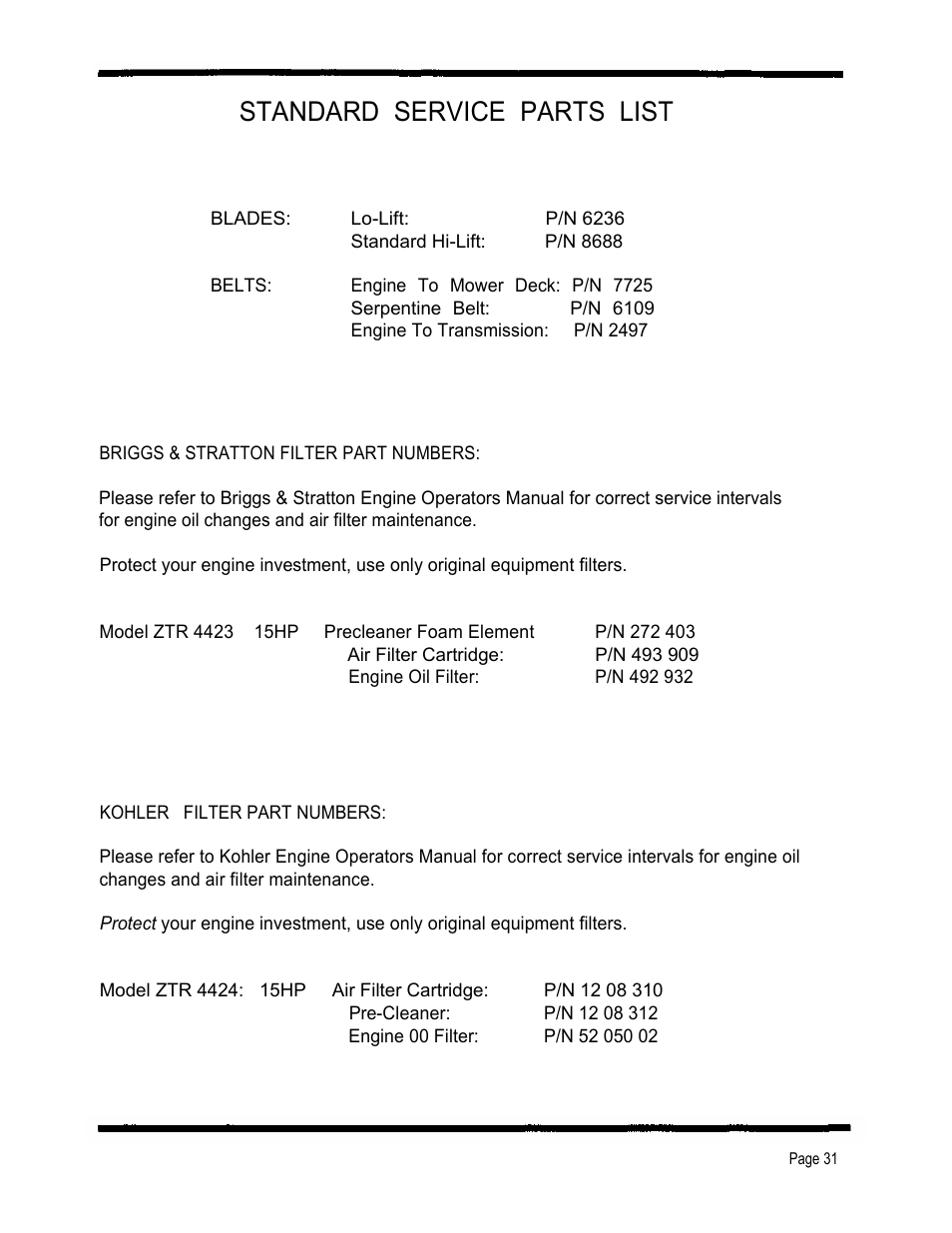 Standard service parts list | Dixon 4000 Series User Manual | Page 32 / 38